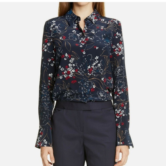 LAFAYETTE 148 New York Scottie Ink Navy Floral Print Drape Silk Blouse - Picture 1 of 8